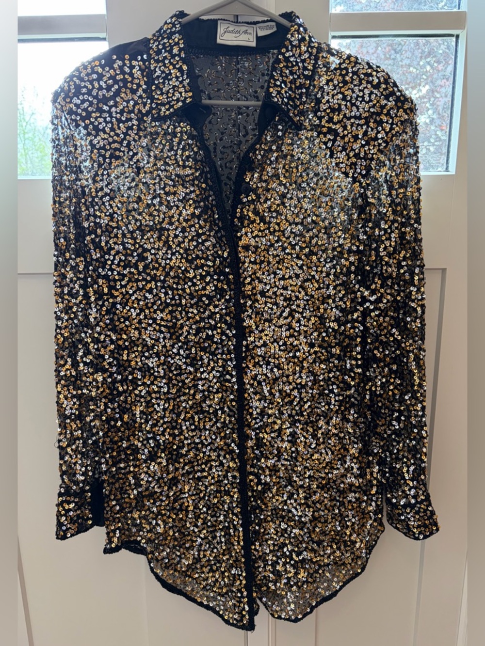 Vintage Sequin Blouse Black Gold Button-Up Top Shacket 100% silk large